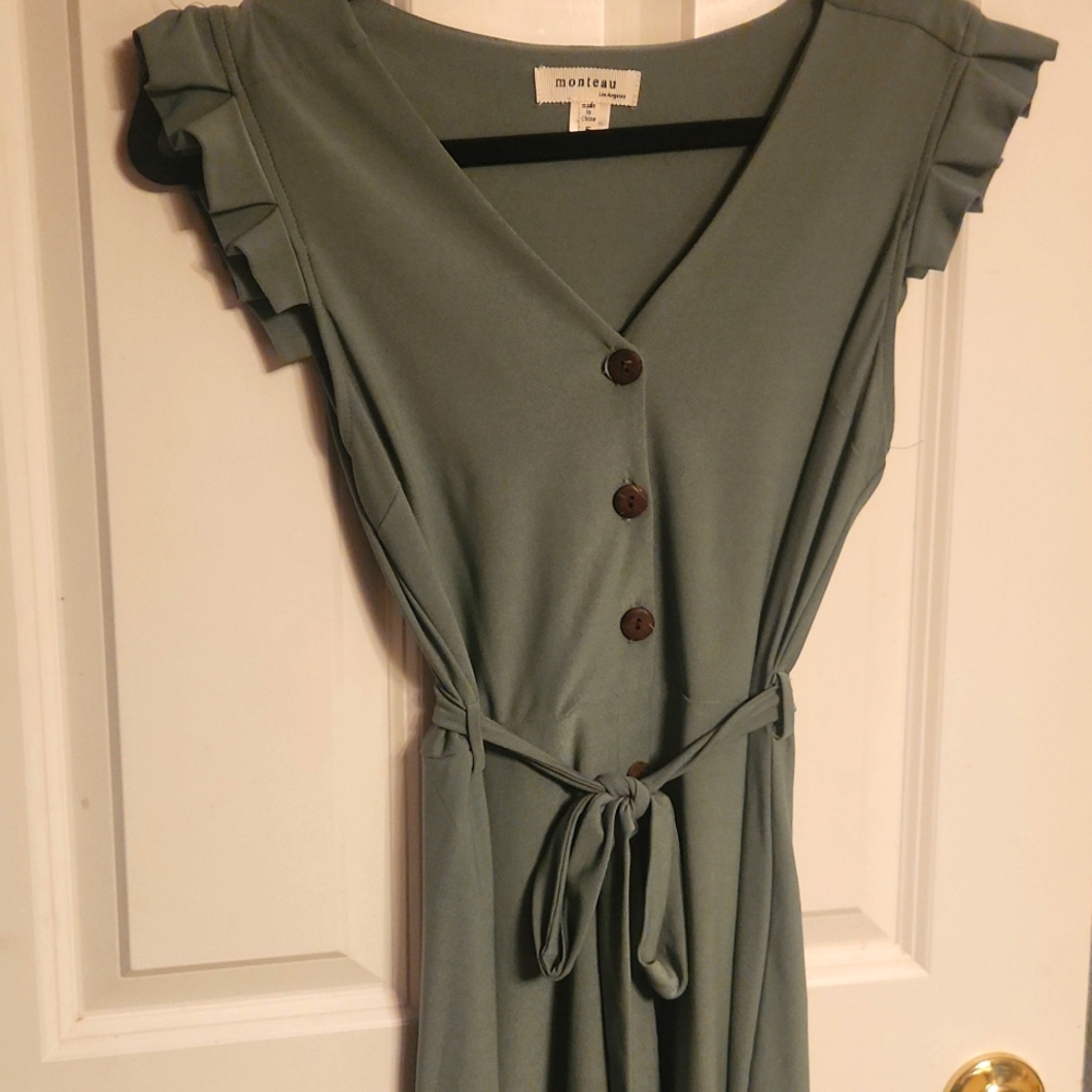 Green A-Line Midi Dress with Flutter Cap Sleeves